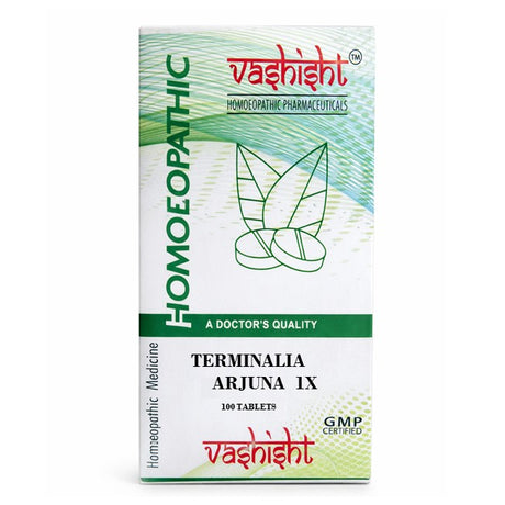 Vashisht Terminalia Arjuna 1X (100 TABS) homeopathic medicine packaging on a white background
