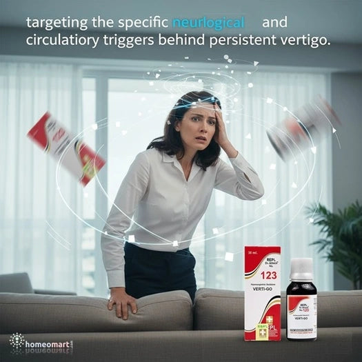 Woman experiencing vertigo with medical products on a couch, Homeomart branding visible.
