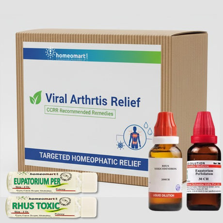Homeopathy product set for Viral Arthritis Relief with Homeomart branding on a white background.