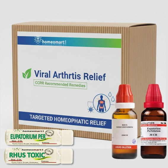 Homeopathy product set for Viral Arthritis Relief with Homeomart branding on a white background.
