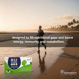 Person running on a beach with a B12 vitamin supplement box in the foreground, and text about nutritional benefits.