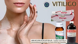 Advertisement for vitiligo treatment with images of a person's neck, bottles, and packaging.