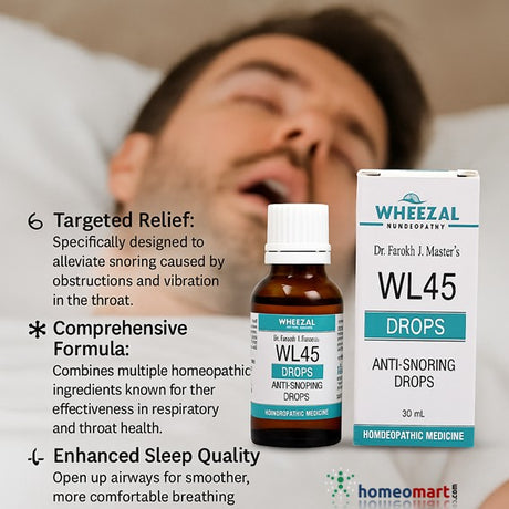 Sleep in Silence with Wheezal WL45 Anti Snoring Drops! Unlock the secret to a peaceful night with our expertly formulated homeopathic remedy. Say goodbye to snoring, breathe easier, and embrace rejuvenating sleep every night