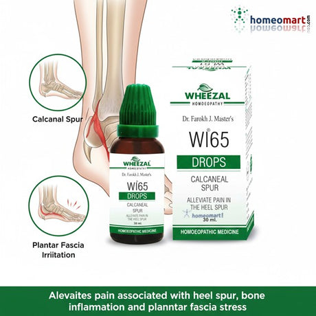 Wheezal W165 Drops packaging with illustrations of heel and foot pain on a white background.