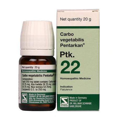Schwabe Carbo Vegetabilis Pentarkan PTK.22, Carbo Vegetabilis PTK.22, Schwabe German homeopathy, homeopathic medicine for flatulence, homeopathy for gas, homeopathy for bloating, flatulence relief tablets, gas and bloating tablets, abdominal bloating, excessive gas, belching and flatulence, Carbo vegetabilis 3X, Asa foetida 3X, Lycopodium 5X, Nux vomica 5X, German homeopathic tablet