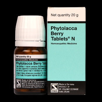 Phytolacca Berry Tablets N bottle and packaging on a black background