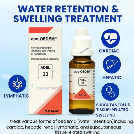  apo-OEDEM treatment bottle and packaging on a light blue background with text about water retention and swelling treatment.