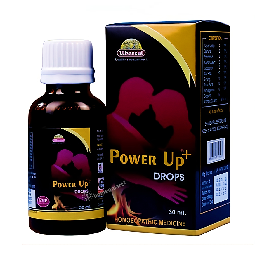 Wheezal, Power Up Drops, male sexual health, male vitality, sexual weakness, low libido, erectile weakness, erectile dysfunction, male tonic, sexual stamina, sexual vitality, spermatorrhoea, nervous weakness, male restorative, Damiana, Agnus Castus, Yohimbinum, Nuphar Luteum, Lycopodium, Acidum Phosphoricum, Ginseng, Muira Puama, Ashwagandha, homeopathy men, 30ml