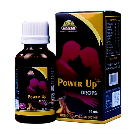 Wheezal, Power Up Drops, male sexual health, male vitality, sexual weakness, low libido, erectile weakness, erectile dysfunction, male tonic, sexual stamina, sexual vitality, spermatorrhoea, nervous weakness, male restorative, Damiana, Agnus Castus, Yohimbinum, Nuphar Luteum, Lycopodium, Acidum Phosphoricum, Ginseng, Muira Puama, Ashwagandha, homeopathy men, 30ml