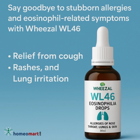 Relieves allergic cough, skin rashes & high ESR levels. Wheezal WL46 drops help treat eosinophilia & respiratory allergies. Safe homeopathy formula, 30ml
