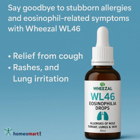 Relieves allergic cough, skin rashes & high ESR levels. Wheezal WL46 drops help treat eosinophilia & respiratory allergies. Safe homeopathy formula, 30ml