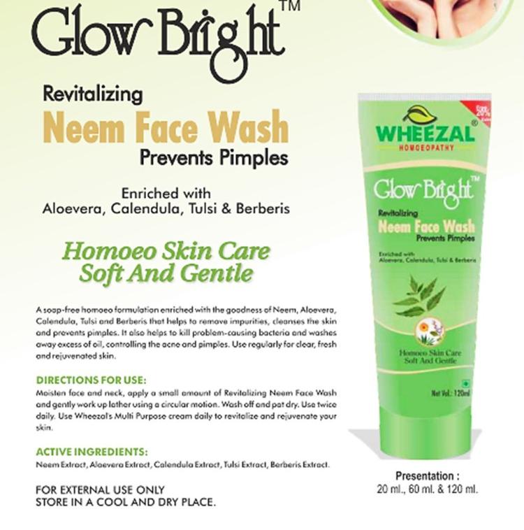 Indicationd, Directions for usage and active ingredients of Wheezal Homeopathy Glow Bright Neem Face Wash