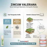 Zincum Valeriana homoeopathic remedy with infographic text and images of books and a bottle.