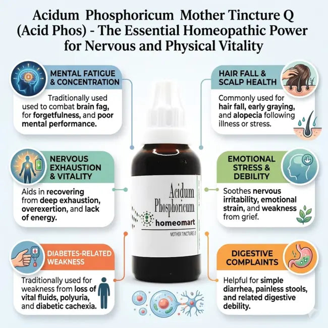 Acid Phos Q for memory weakness, homeopathic medicine for sexual weakness, natural remedy for exhaustion, Acidum Phosphoricum for premature greying, homeopathic tonic for weakness, remedy for emotional exhaustion, homeopathic remedy for physical debility
