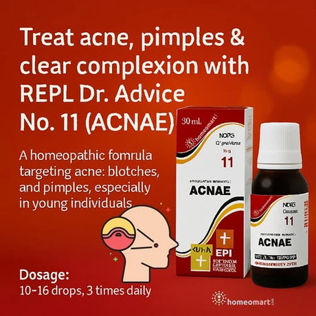 Advertisement for REPL Dr. Advice No. 11 ACNAE homeopathic formula on a red background