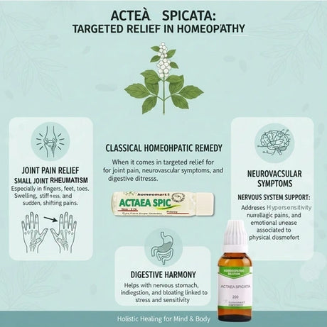 Homeopathic remedy Actaea Spicata with its uses and benefits on a light blue background