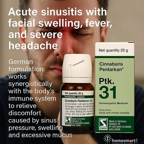 Man with sinus pain holding homeopathic medicine bottle and packaging