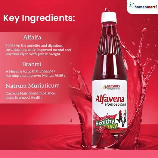 Bottle of Alfavena Homeo Drink with key ingredients listed on a red background