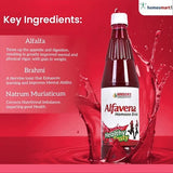 Bottle of Alfavena Homeo Drink with key ingredients listed on a red background