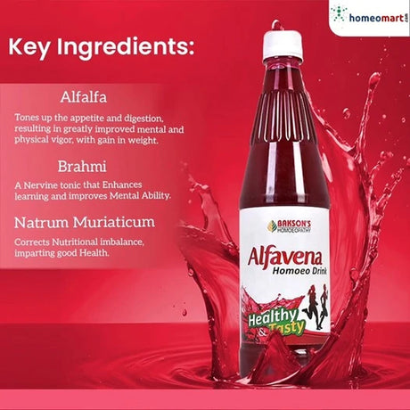 Bottle of Alfavena Homeo Drink with key ingredients listed on a red background