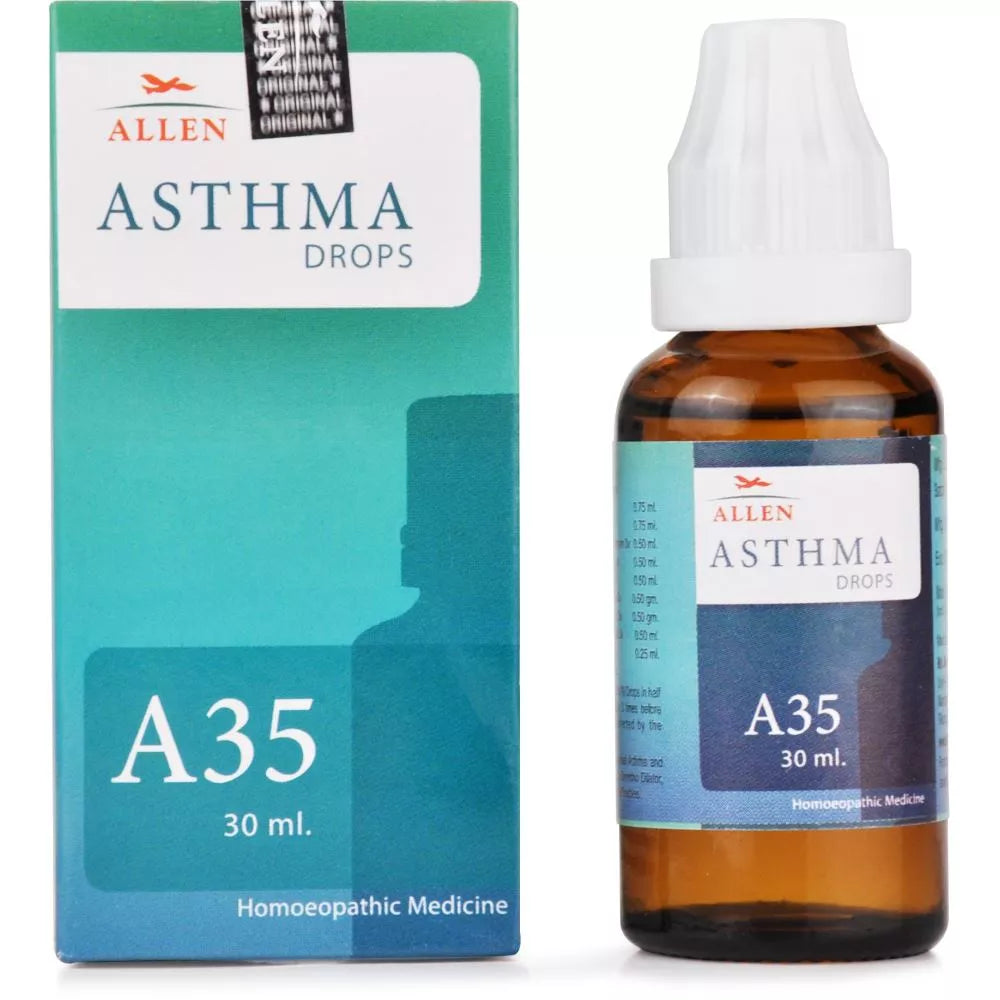 Allen Asthma Drops A35 30ml packaging and bottle on a white background