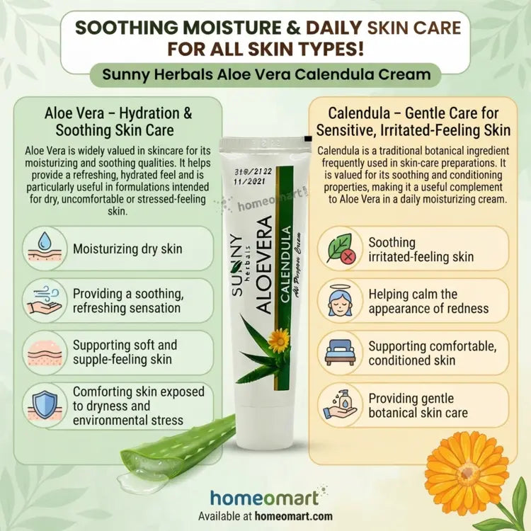 Aloe Vera and Calendula to moisturize, soothe and support a softer, smoother-looking complexion. Suitable for skin that is  dry, tight, irritated or lacking moisture