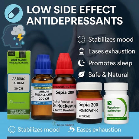 Homeopathic medicines with packaging and text highlighting benefits of anti depression meds with least side effects on a blue background