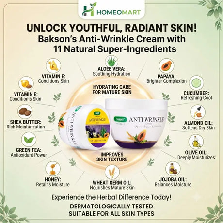 bakson anti wrinkle, bakson anti aging, bakson skin care, anti wrinkle, anti aging, wrinkle care, mature skin, dry skin, moisturizing cream, hydrating cream, skin nourishment, skin firmness, fine lines, radiant skin, aloe vera, papaya, cucumber, calendula, almond oil, olive oil, jojoba oil, wheat germ oil, honey, green tea, shea butter, vitamin e, face cream, skincare cream, 125gm cream, mature skin care, botanical skincare
