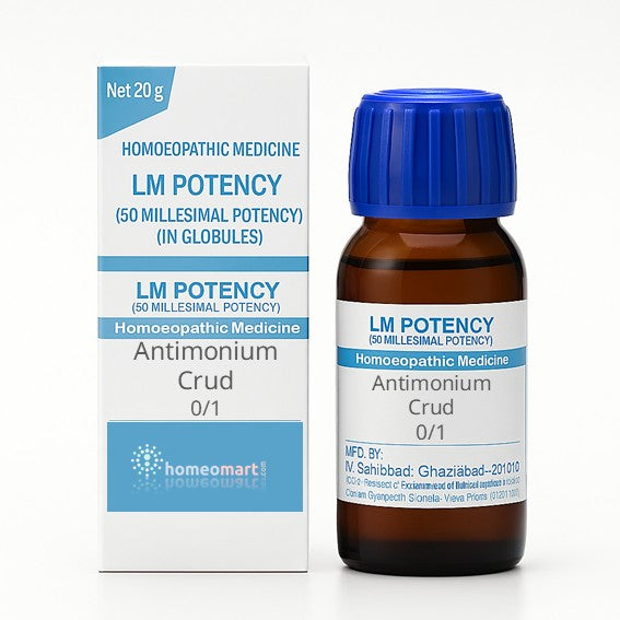 Homeopathic LM potency medicine bottle and packaging with blue and white labels on a white background