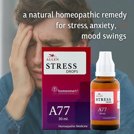 Allen Stress Drops packaging and bottle with a person showing stress, anxiety, and mood swings.