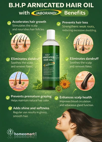 B.H.P Arnicaed Hair Oil with Jaborandi hair benefits for hair loss, dandruff, premature greying on a green background