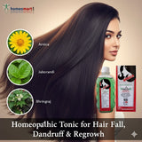 Woman with long hair next to homeopathic tonic products and ingredients like arnica, bhringraj on a beige background