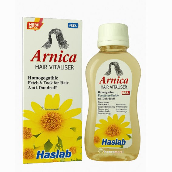 Arnica Hair Vitaliser packaging and bottle with yellow flower design on a white background