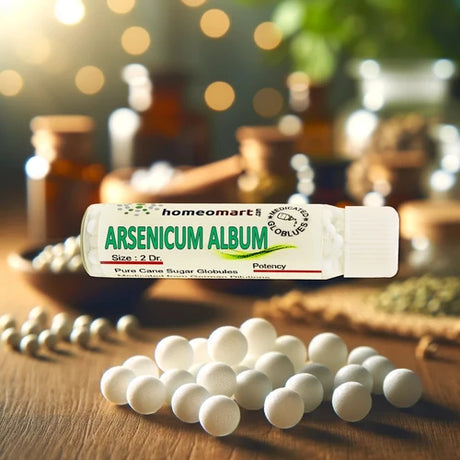 Homeopathic Arsenicum Album packaging with pills on a wooden surface