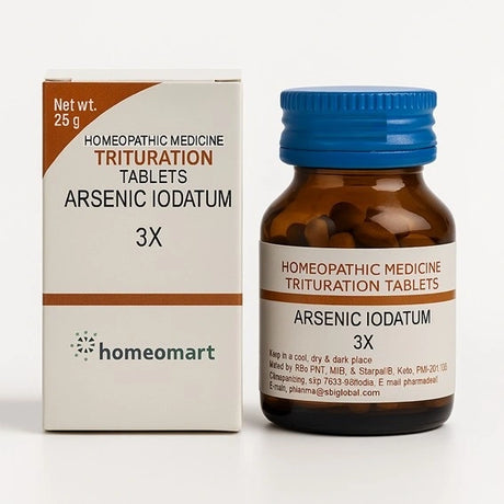 Homeopathic medicine Arsenic Iodatum 3X with packaging on a white background
