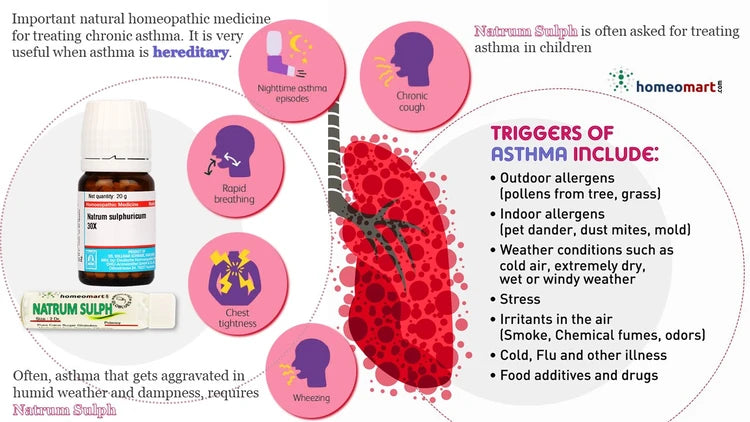 Homeopathic medicine for asthma Natrum Sulph with triggers and symptoms illustrated