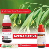 Two Avena Sativa homeopathic medicine bottles with oat plants in the background.
