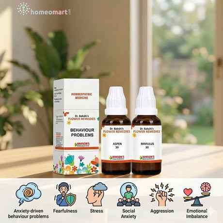 Dr. Bach's Flower Remedies for behaviour problems on a table with a home setting in the background showing icons of various behaviour issues