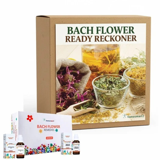 Bach Flower Ready Reckoner packaging with images of herbs and tea on a white background