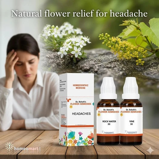 Homeopathic remedies for headaches with a woman experiencing a headache in the background.