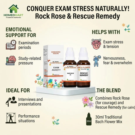 bach flower support for exam pressure, remedy for examination stress, flower remedy for performance pressure, bach flower drops for emotional strain, rock rose rescue mix for students, bach flower remedy for low confidence, flower essence for temporary stress