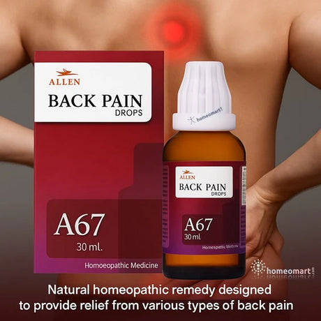 Allen A67 Back Pain Drops is a natural homeopathic remedy designed to provide relief from various types of back pain, including upper, middle, and lower back pain.