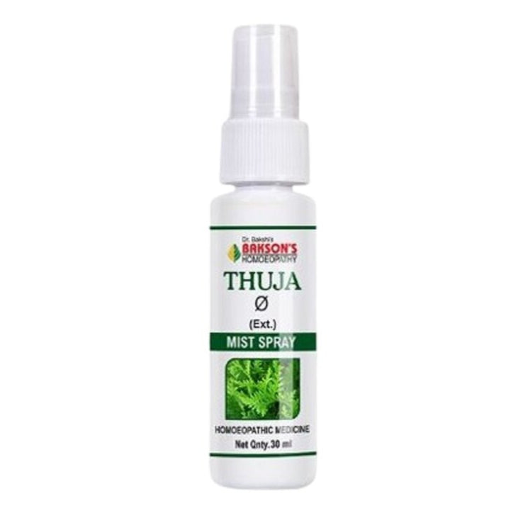 Bakson's Thuja Mist Spray bottle for skin care, with the brand name and product information displayed on the label.