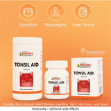 Dr. Baksons Tonsil Aid products on an orange background with icons for tonsillitis, pharyngitis, and sore throat.