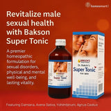 Advertisement for Bakson Super Tonic for male sexual health on a red background.