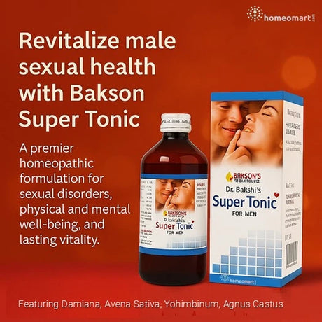 Advertisement for Bakson Super Tonic for male sexual health on a red background.