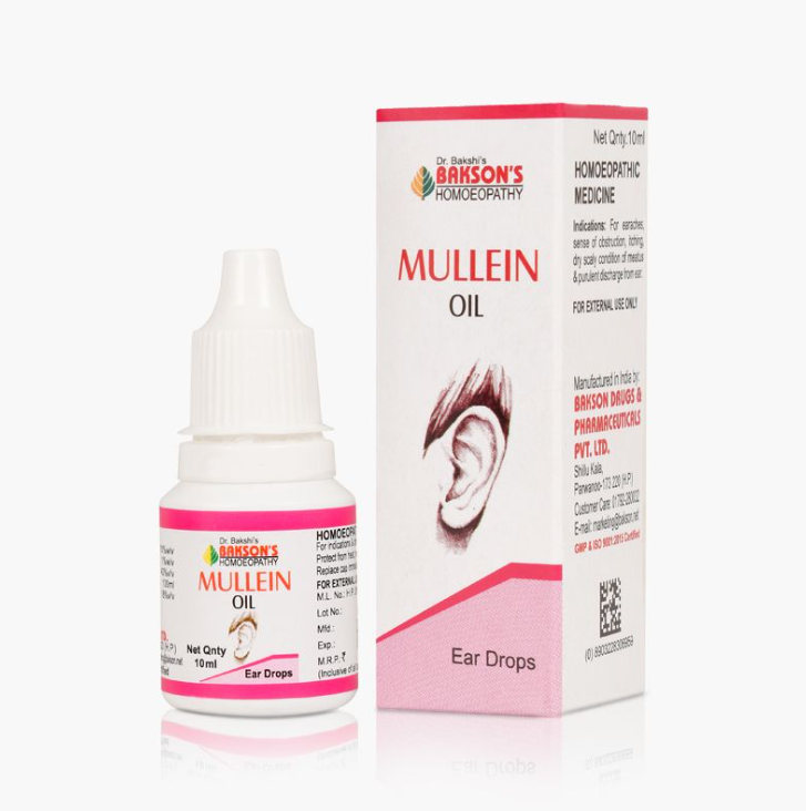Bakson Mullein Oil Ear Drops for earaches, sense of obstruction, itching, dry scaly condition of meatus & purulent discharge from ear