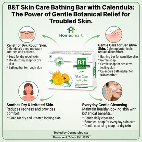 B&T Skin Care, bathing bar, Calendula, Calendula soap, skin care, dry skin, sensitive skin, rough skin, moisturizing, botanical skin care, herbal soap, gentle cleansing, daily skin care, Homeomart, bathing soap, skin comfort