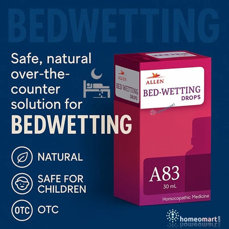 Box of Allen Bed-Wetting Drops with  nocturnal enuresis promotional text on a blue background