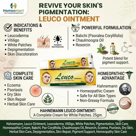 Hahnemann, Leuco Ointment, Leucoderma, Vitiligo, White Patches, Pigmentation, Skin Care, Homeopathic Cream, Babchi, Psoralea Corylifolia, Chaulmoogra Oil, Resorcin, Eczema, Psoriasis, Dry Skin, Herbal Skin Care, Depigmentation, Skin Repair, Pigment Support, Homeopathy Skin Care